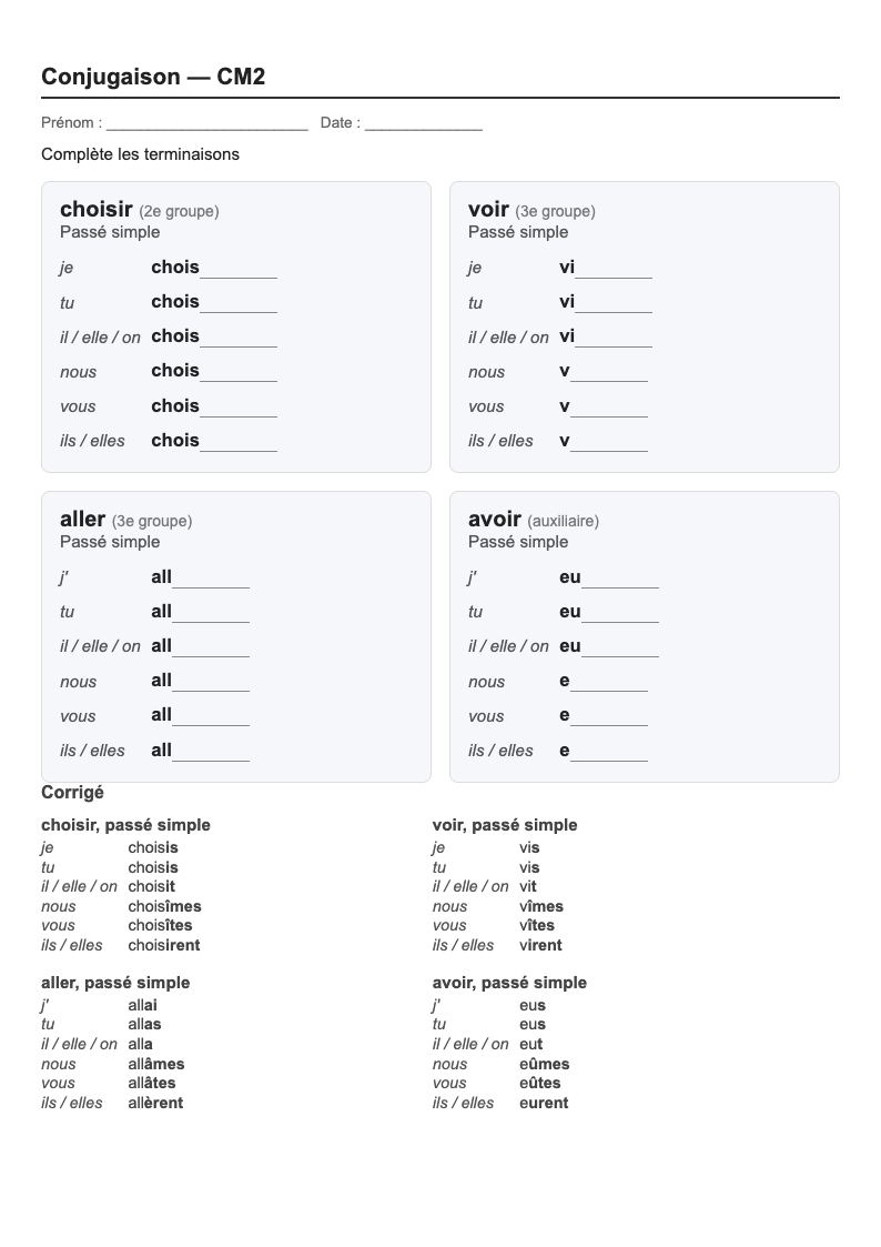 Conjugaison — CM2 : le passé simple, fiches d'exercices à imprimer (consignes en breton)
