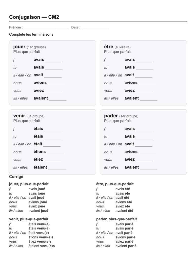 Conjugaison — CM2 : le plus-que-parfait, fiches d'exercices à imprimer (consignes en breton)