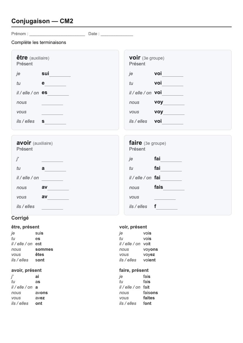 Conjugaison — CM2 : le présent, fiches d'exercices à imprimer (consignes en breton)