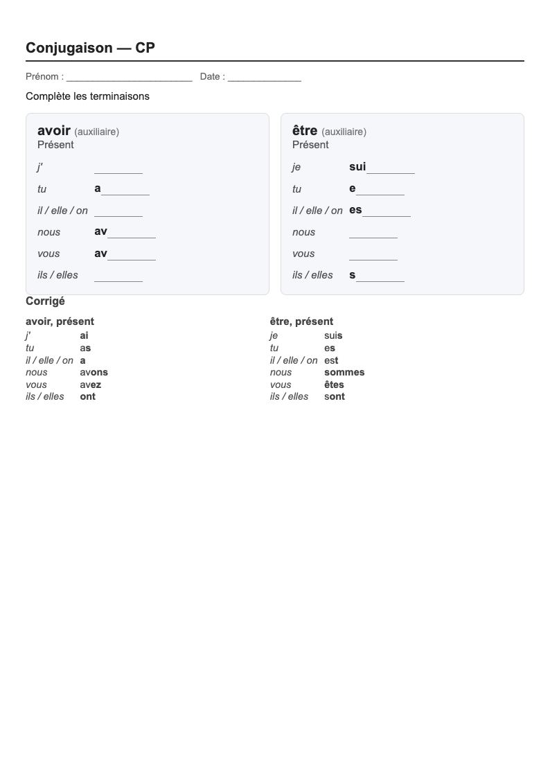 Conjugaison — CP : fiches d'exercices à imprimer (consignes en breton)