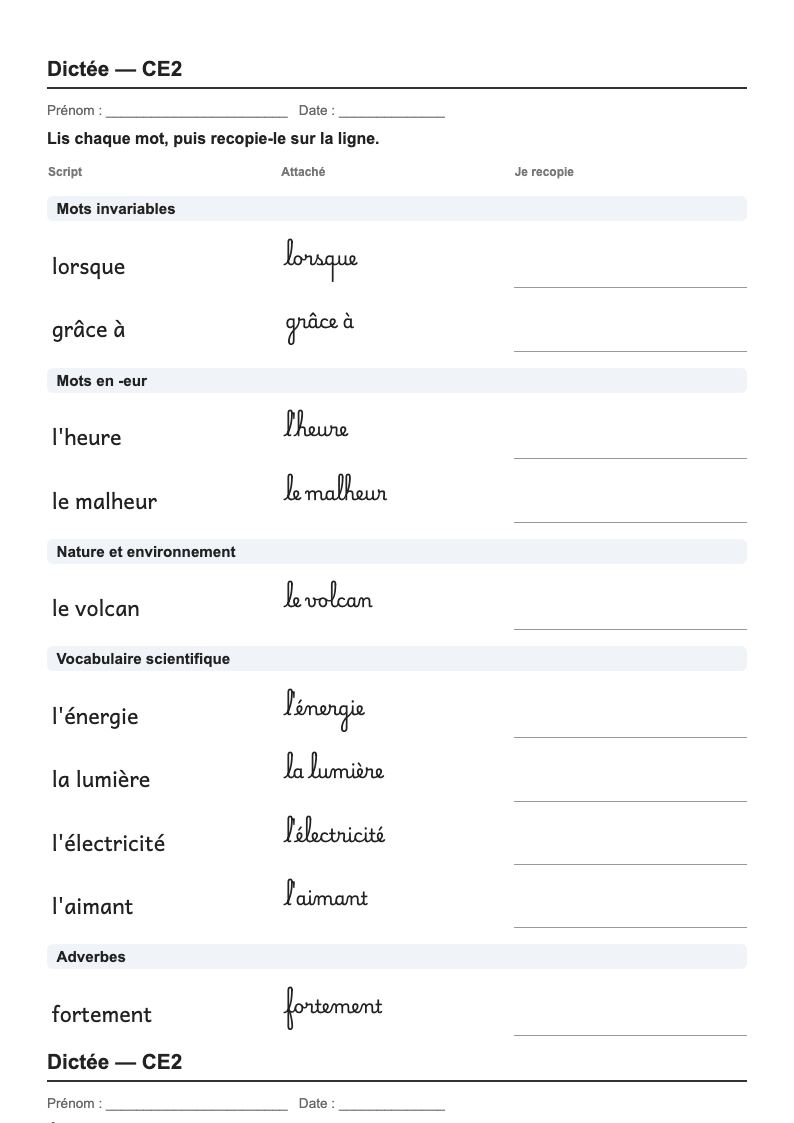 Dictée — CE2 : fiches d'exercices à imprimer