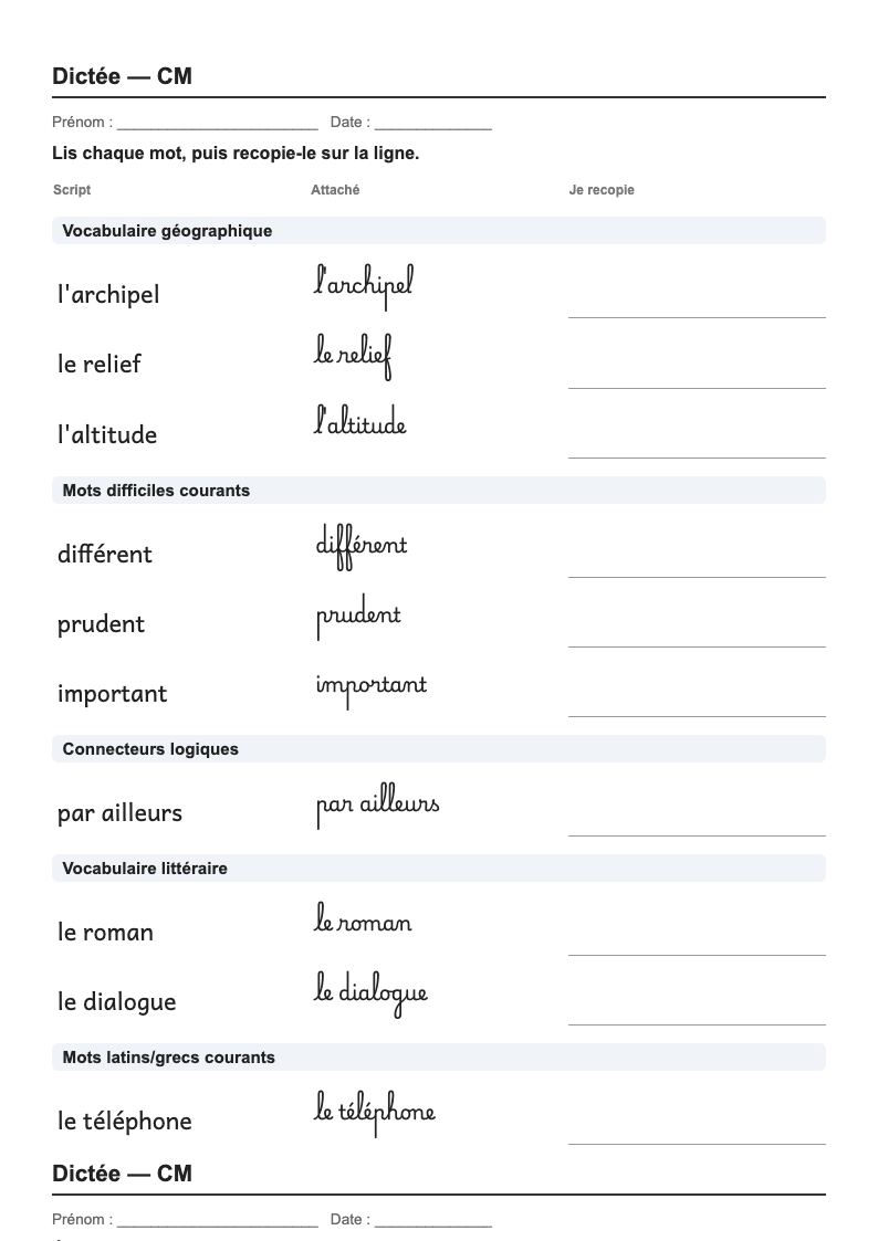Dictée — CM1 → CM2 : fiches d'exercices à imprimer (consignes en breton)