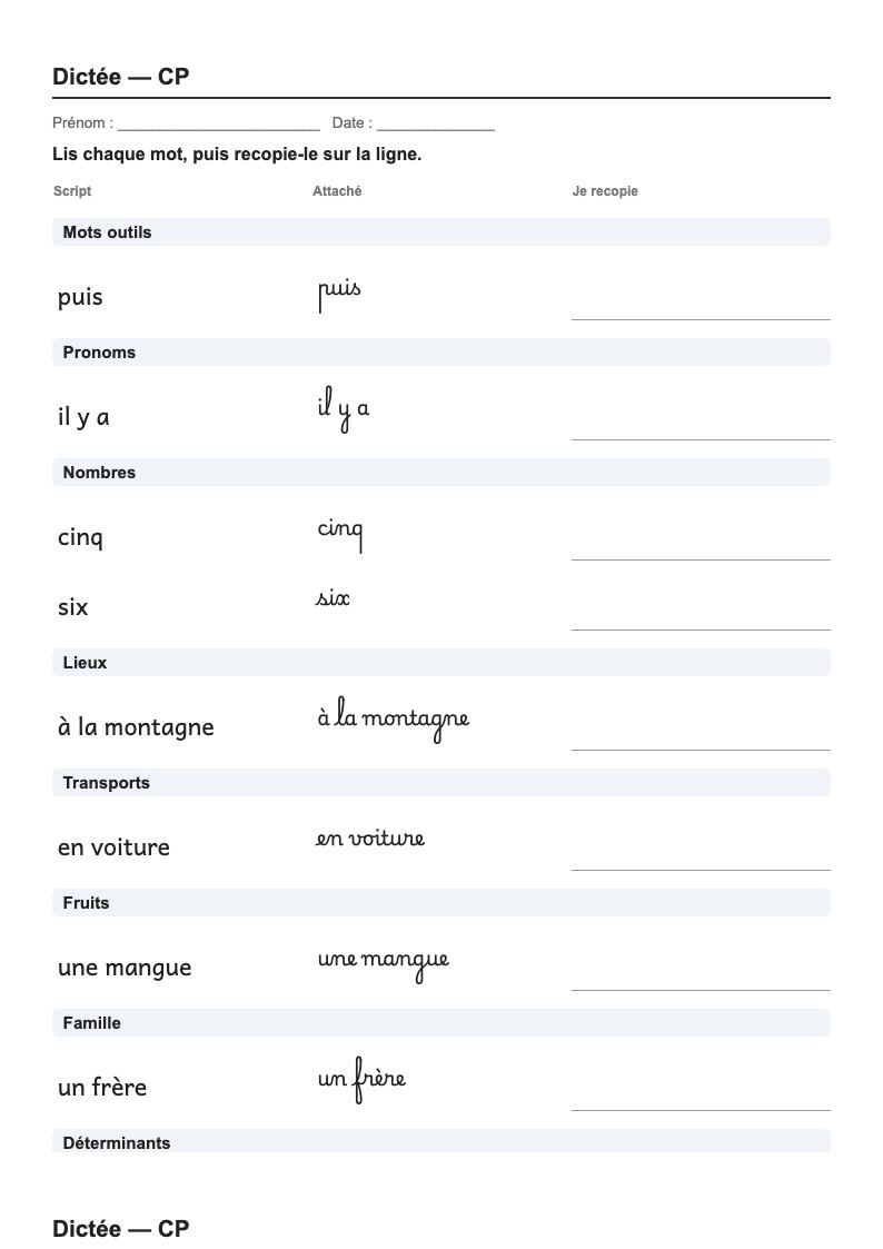 Dictée — CP : fiches d'exercices à imprimer