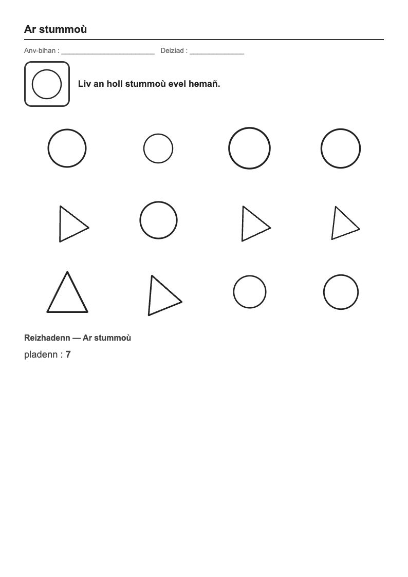 Les formes — PS : fiches d'exercices à imprimer (consignes en breton)