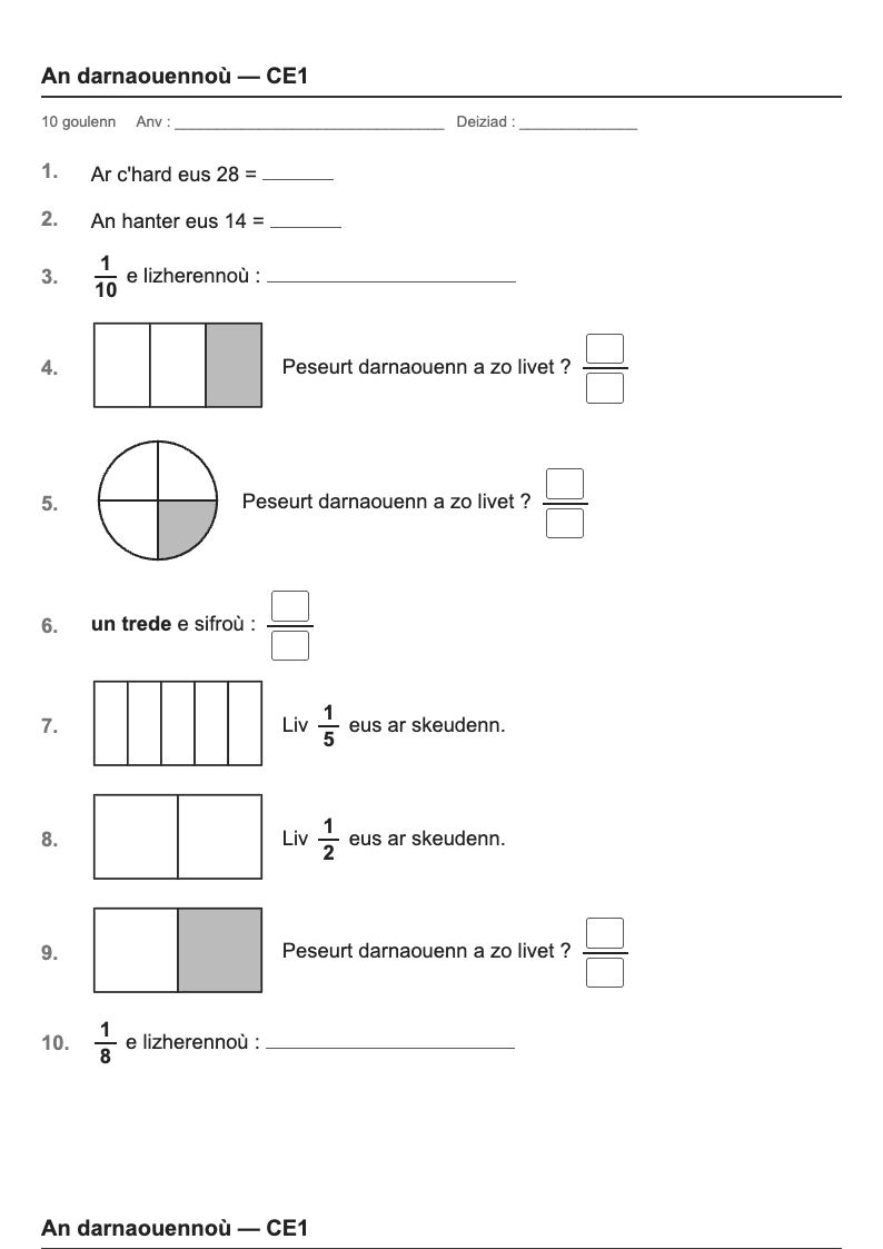 Les fractions — CE1 : fiches d'exercices à imprimer (consignes en breton)