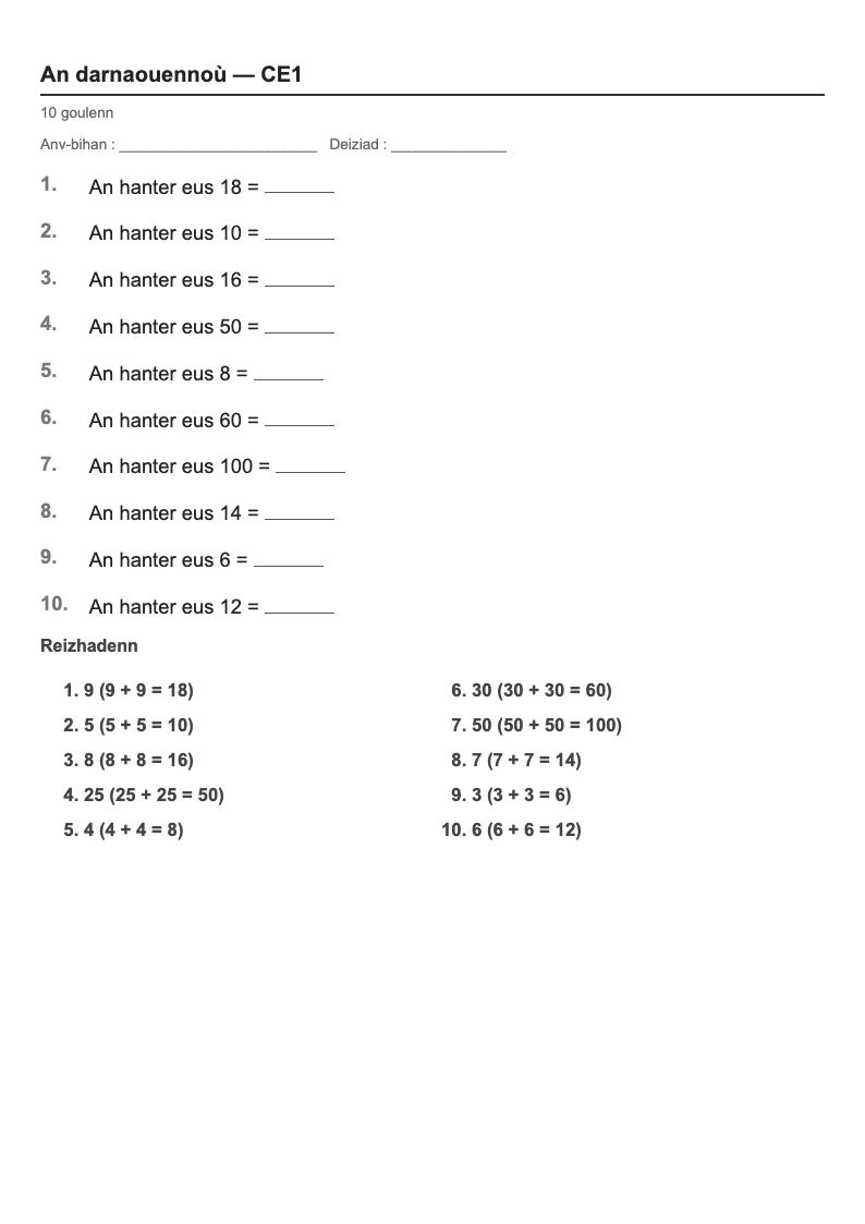 Les fractions — CE1 : la moitié de…, fiches d'exercices à imprimer (consignes en breton)