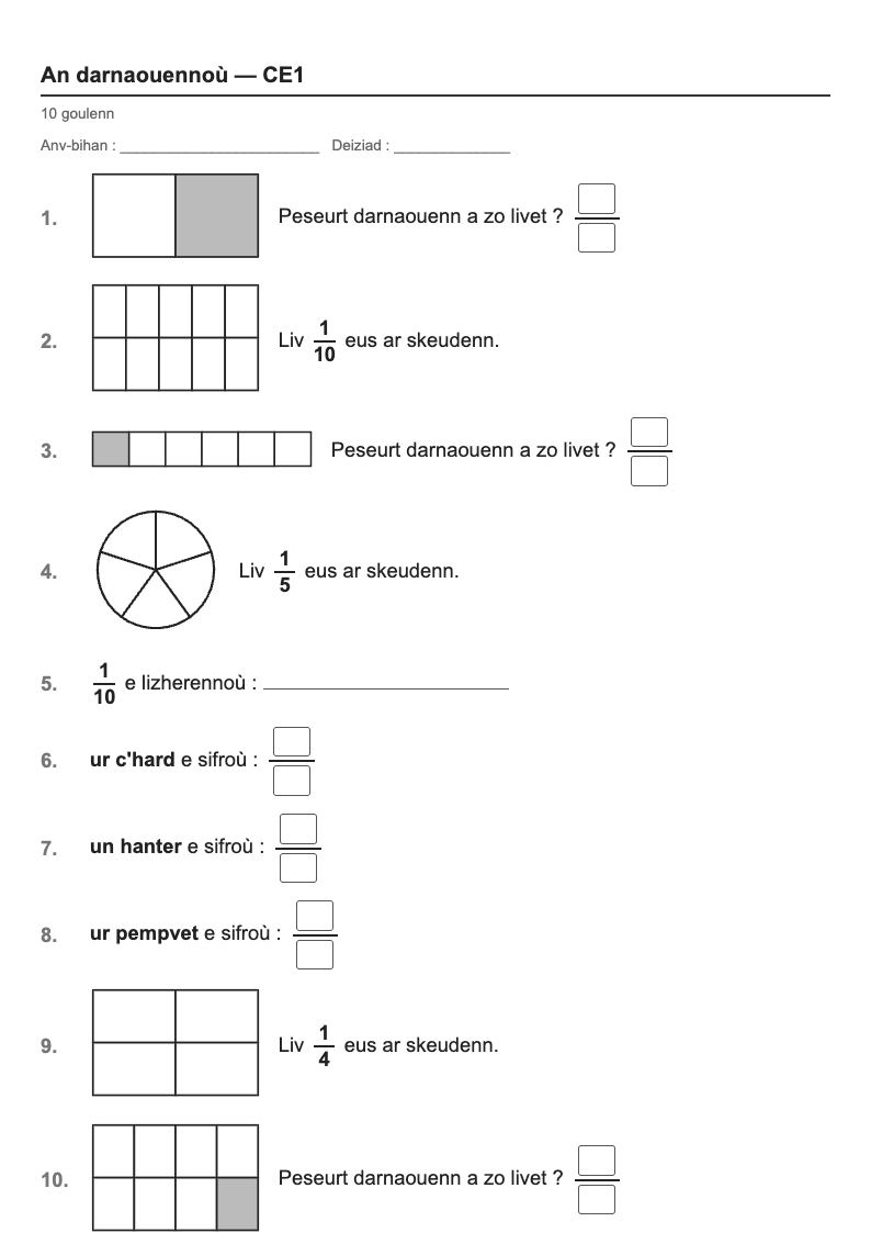 Les fractions — CE1 : un demi, un tiers, un quart…, fiches d'exercices à imprimer (consignes en breton)