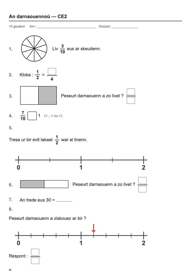 Les fractions — CE2 : fiches d'exercices à imprimer (consignes en breton)