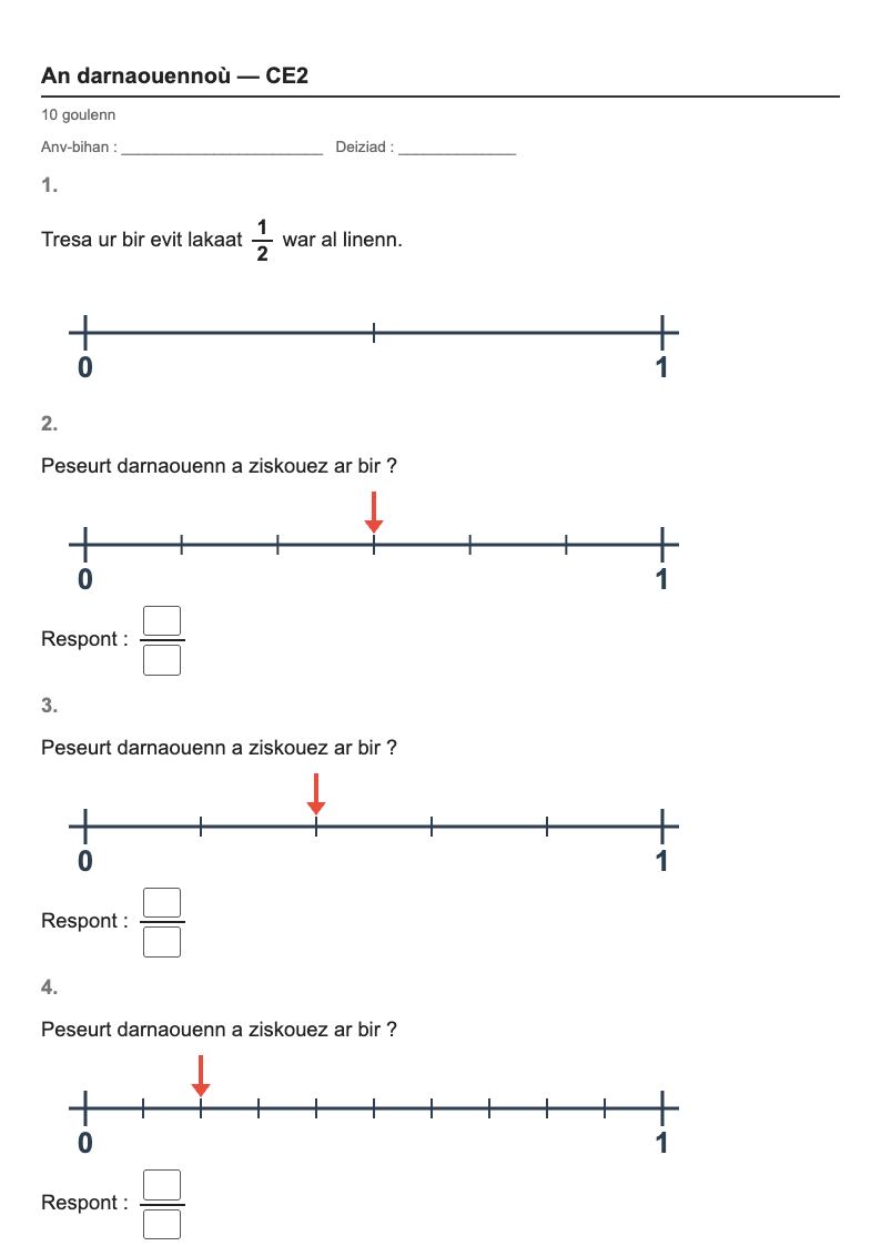 Les fractions — CE2 : les fractions sur la droite, fiches d'exercices à imprimer (consignes en breton)