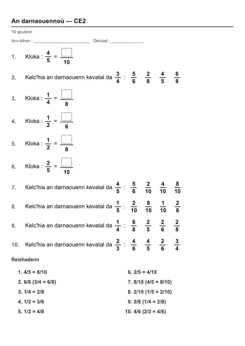 Les fractions — CE2 : les fractions égales, fiches d'exercices à imprimer (consignes en breton)