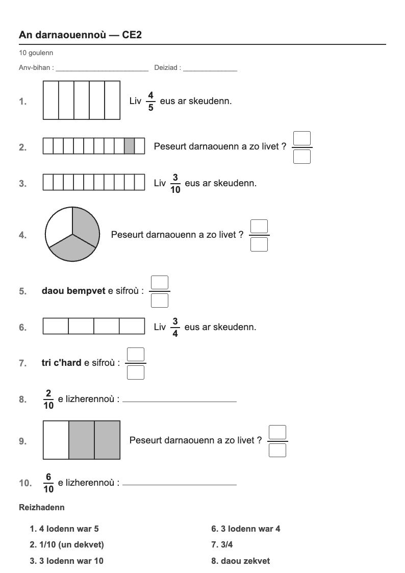 Les fractions — CE2 : les fractions jusqu’à 1 (2/3, 3/4…), fiches d'exercices à imprimer (consignes en breton)