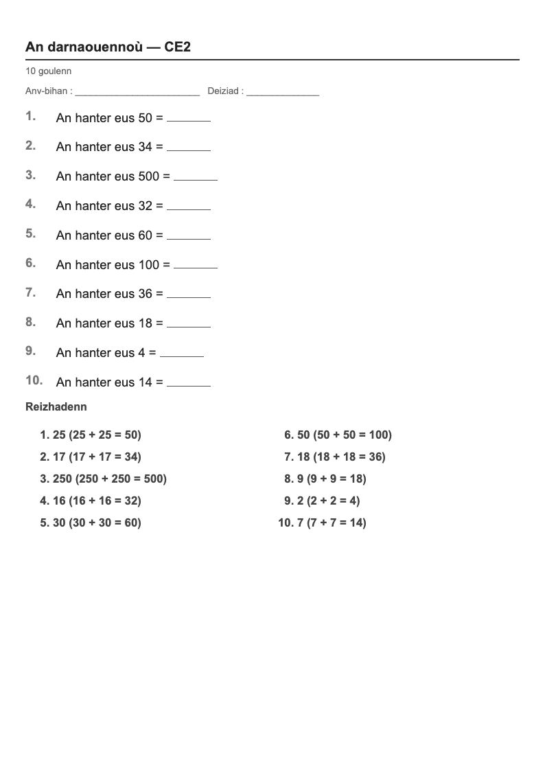 Les fractions — CE2 : la moitié de…, fiches d'exercices à imprimer (consignes en breton)