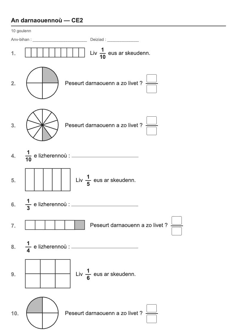 Les fractions — CE2 : un demi, un tiers, un quart…, fiches d'exercices à imprimer (consignes en breton)