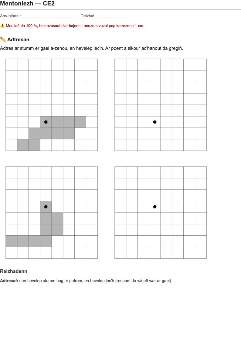 Géométrie — CE2 : reproduire des figures, fiches d'exercices à imprimer (consignes en breton)