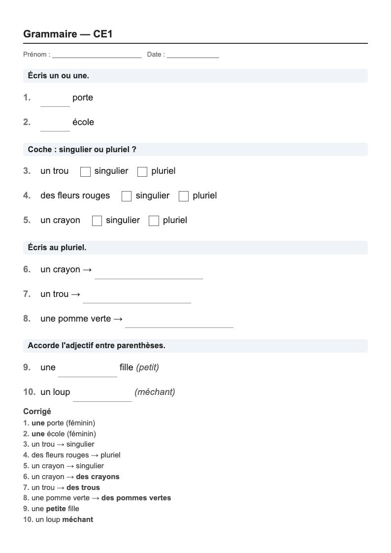 Grammaire — CE1 : genre, nombre et accords, fiches d'exercices à imprimer (consignes en breton)