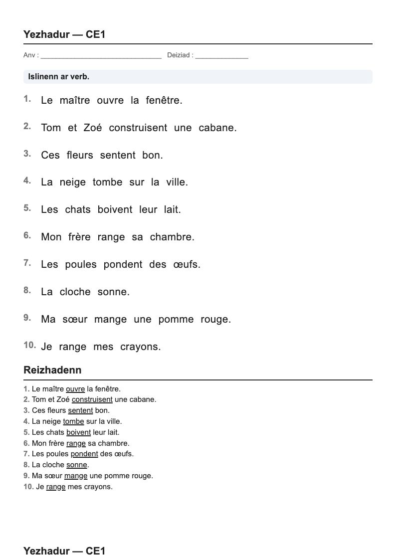Grammaire — CE1 : fiches d'exercices à imprimer (consignes en breton)