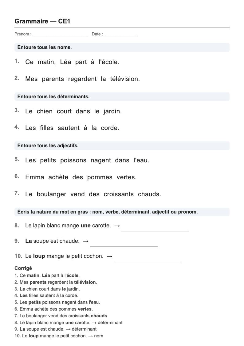 Grammaire — CE1 : la nature des mots, fiches d'exercices à imprimer (consignes en breton)