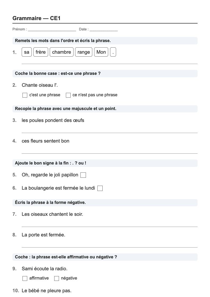 Grammaire — CE1 : la phrase, fiches d'exercices à imprimer (consignes en breton)