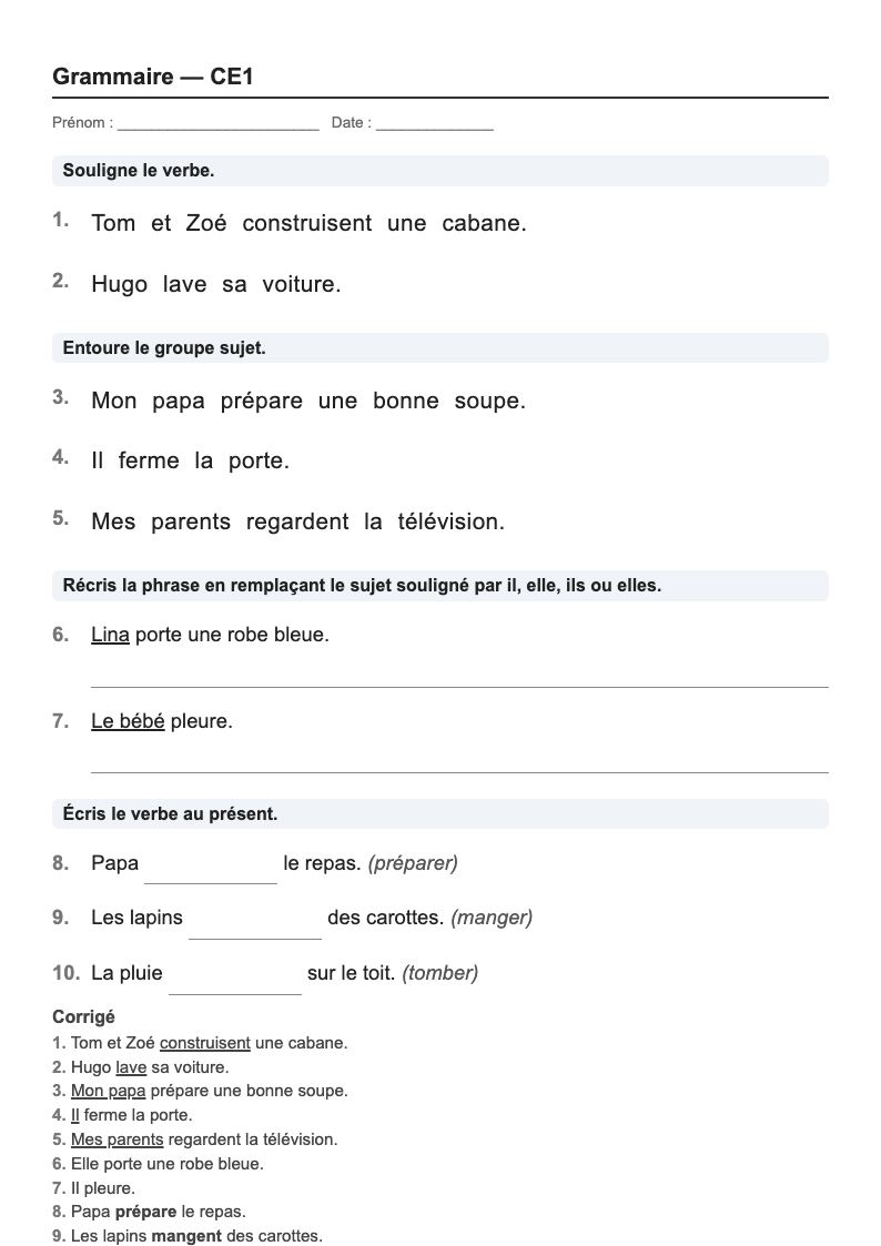 Grammaire — CE1 : le verbe et son sujet, fiches d'exercices à imprimer (consignes en breton)