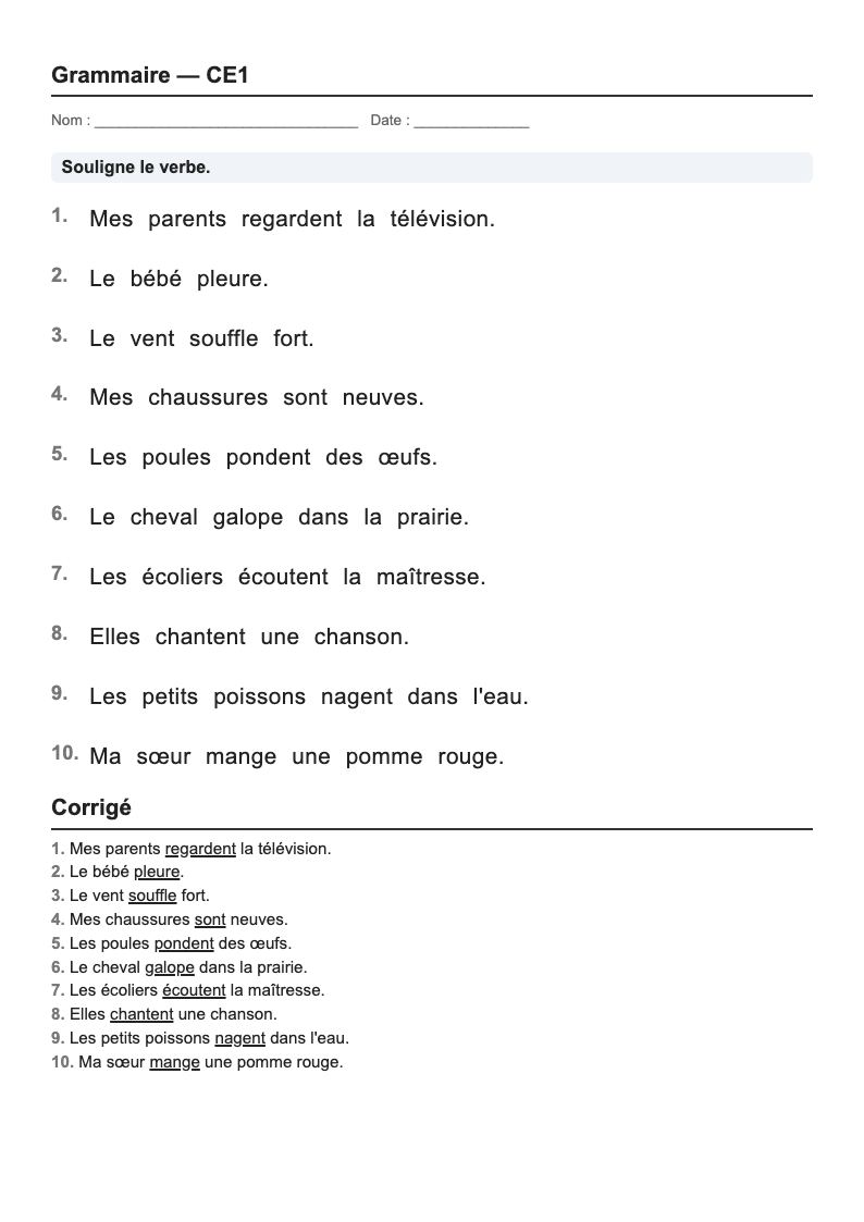 Grammaire — CE1 : fiches d'exercices à imprimer
