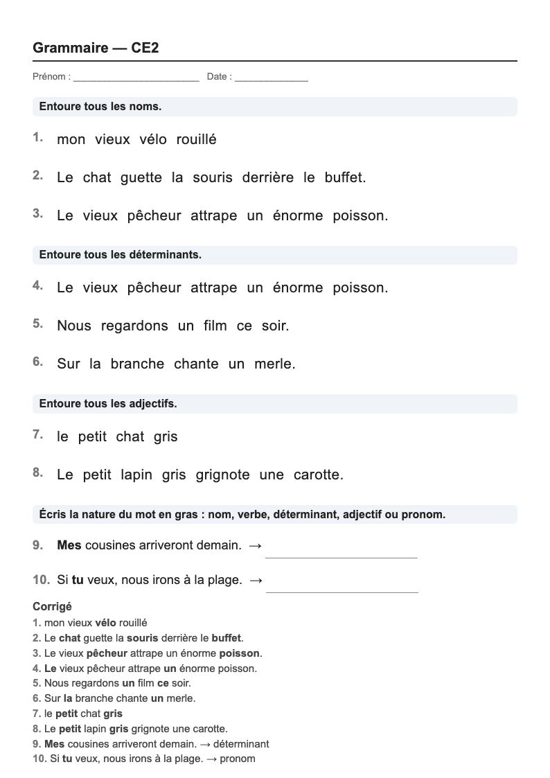 Grammaire — CE2 : la nature des mots, fiches d'exercices à imprimer (consignes en breton)