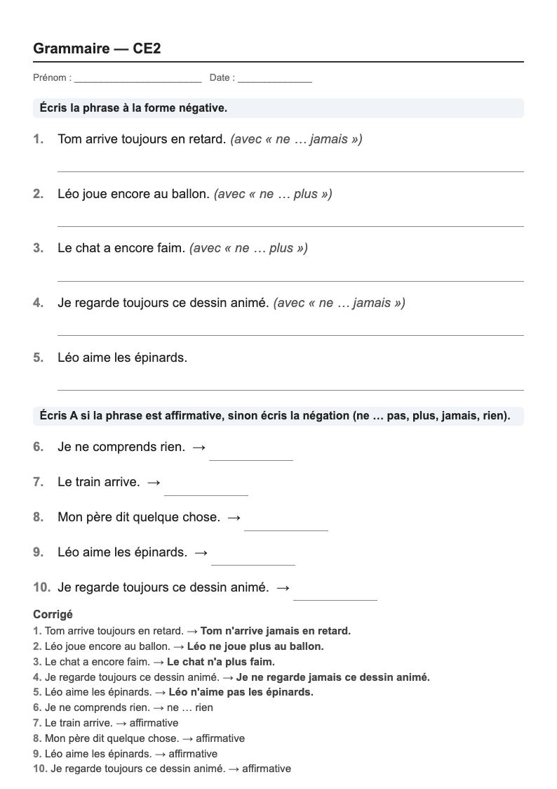 Grammaire — CE2 : la phrase, fiches d'exercices à imprimer (consignes en breton)