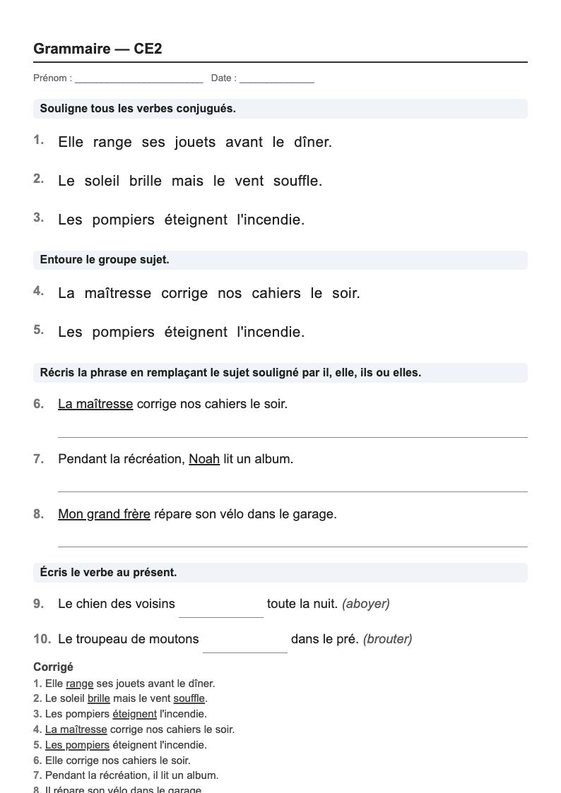 Grammaire — CE2 : le verbe et son sujet, fiches d'exercices à imprimer (consignes en breton)