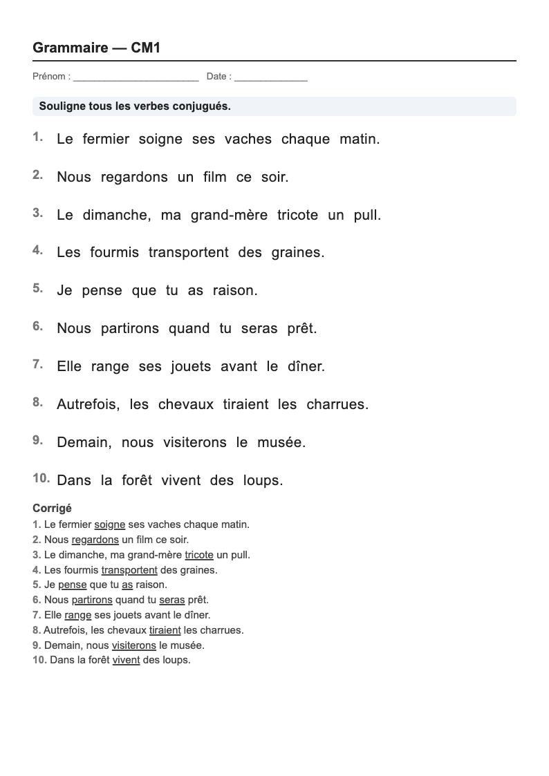 Grammaire — CM1 : fiches d'exercices à imprimer (consignes en breton)