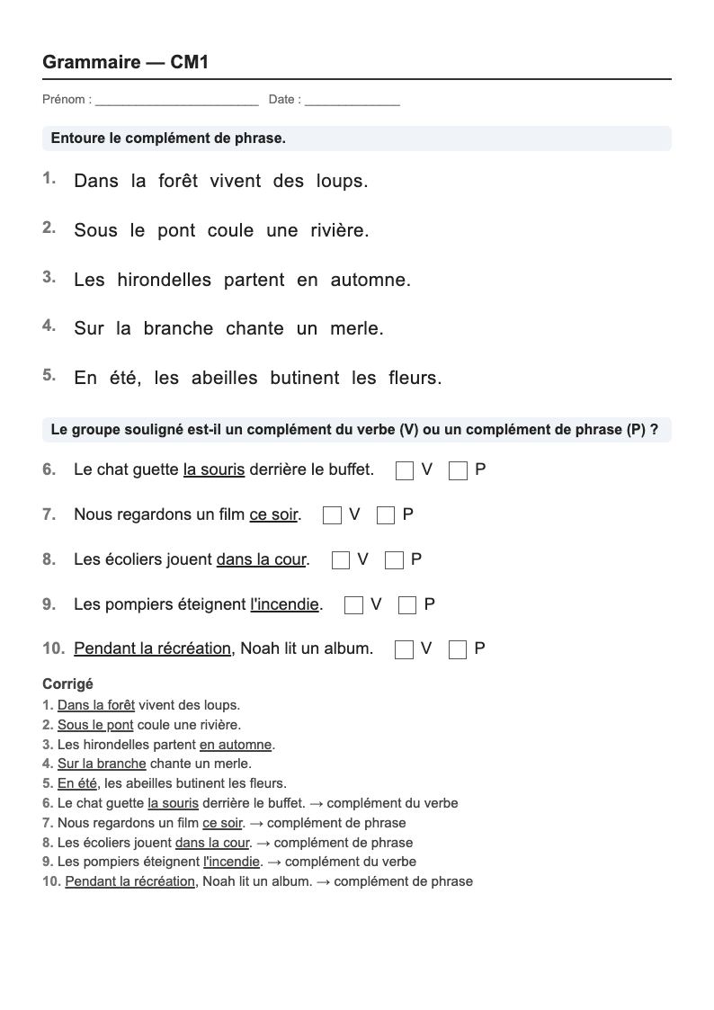 Grammaire — CM1 : les compléments, fiches d'exercices à imprimer (consignes en breton)