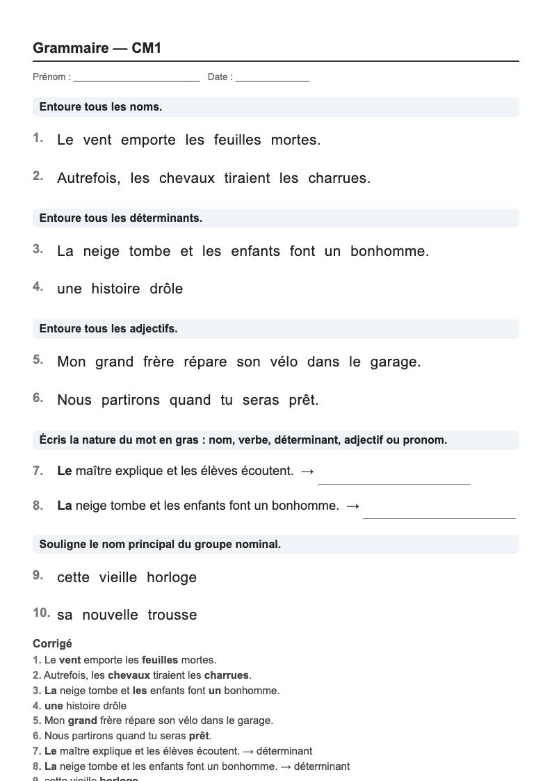 Grammaire — CM1 : la nature des mots, fiches d'exercices à imprimer (consignes en breton)