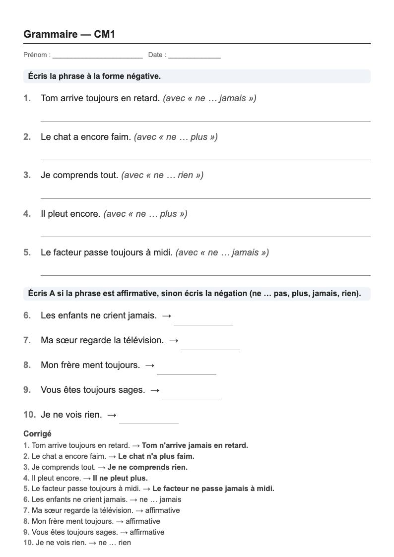 Grammaire — CM1 : la phrase, fiches d'exercices à imprimer (consignes en breton)
