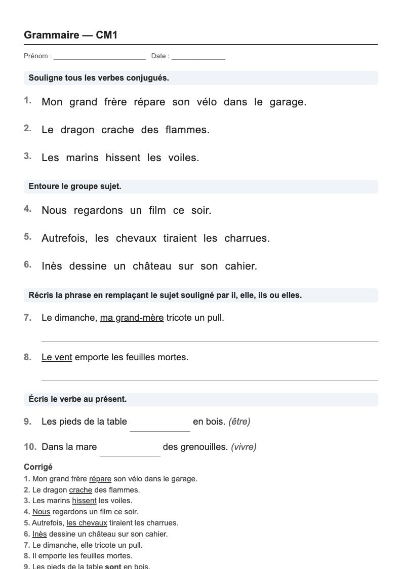 Grammaire — CM1 : le verbe et son sujet, fiches d'exercices à imprimer (consignes en breton)