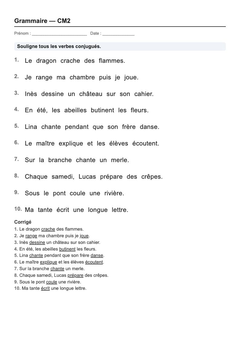 Grammaire — CM2 : fiches d'exercices à imprimer (consignes en breton)