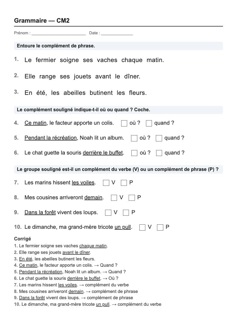 Grammaire — CM2 : les compléments, fiches d'exercices à imprimer (consignes en breton)