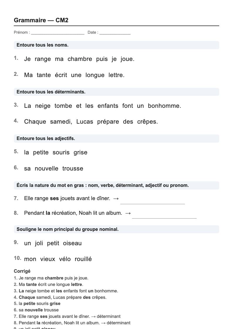 Grammaire — CM2 : la nature des mots, fiches d'exercices à imprimer (consignes en breton)