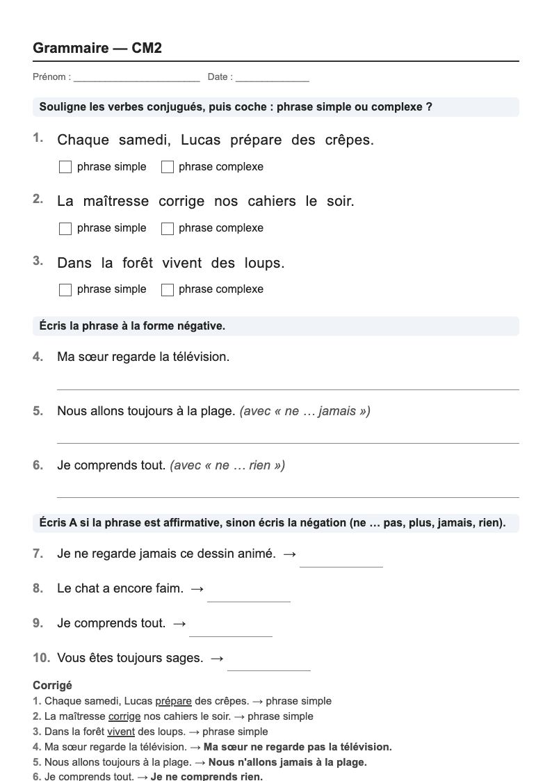 Grammaire — CM2 : la phrase, fiches d'exercices à imprimer (consignes en breton)