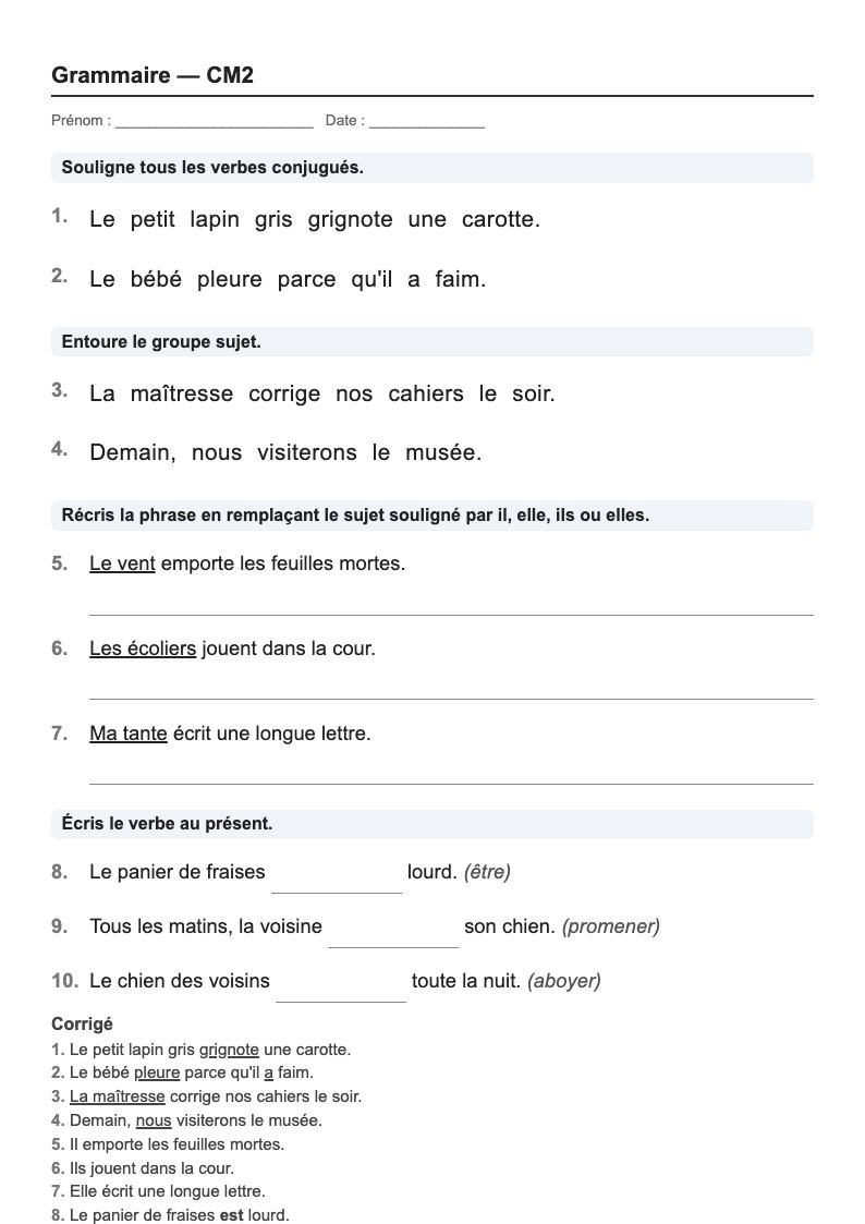 Grammaire — CM2 : le verbe et son sujet, fiches d'exercices à imprimer (consignes en breton)