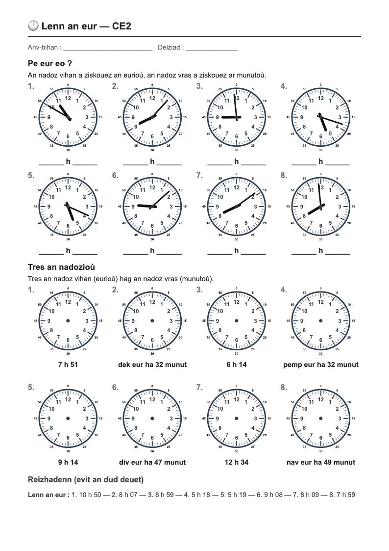 Lire l'heure — CE2 : lire et placer l'heure à la minute près, fiches d'exercices à imprimer (consignes en breton)