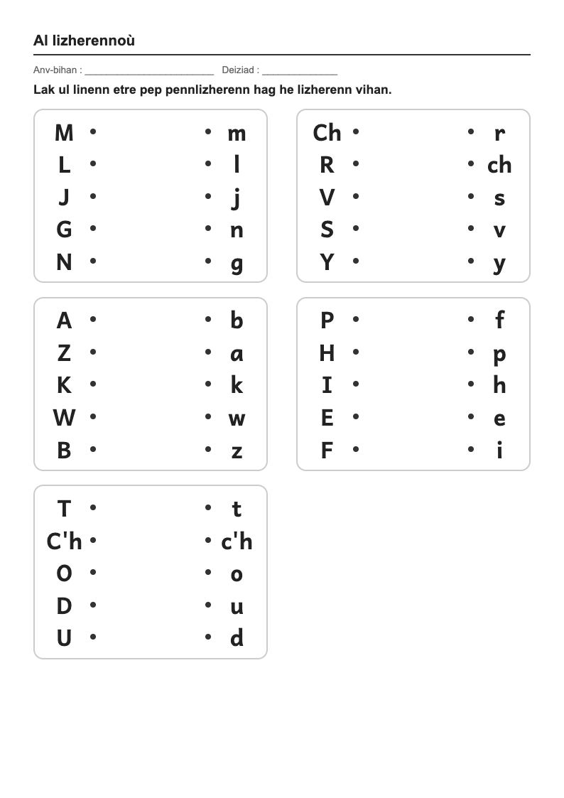 Les lettres — GS → CP : fiches d'exercices à imprimer (consignes en breton)