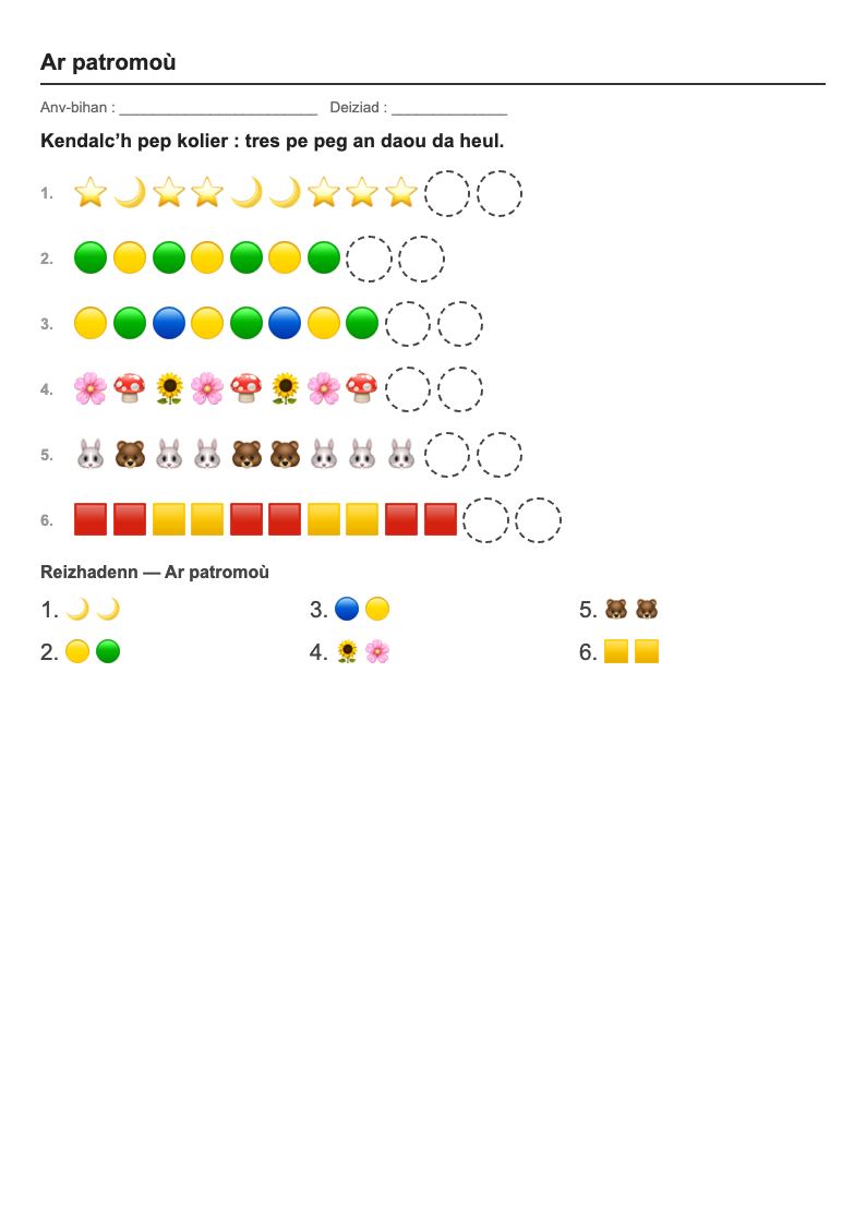 Les motifs — GS : fiches d'exercices à imprimer (consignes en breton)