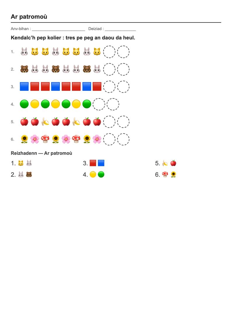 Les motifs — MS : fiches d'exercices à imprimer (consignes en breton)