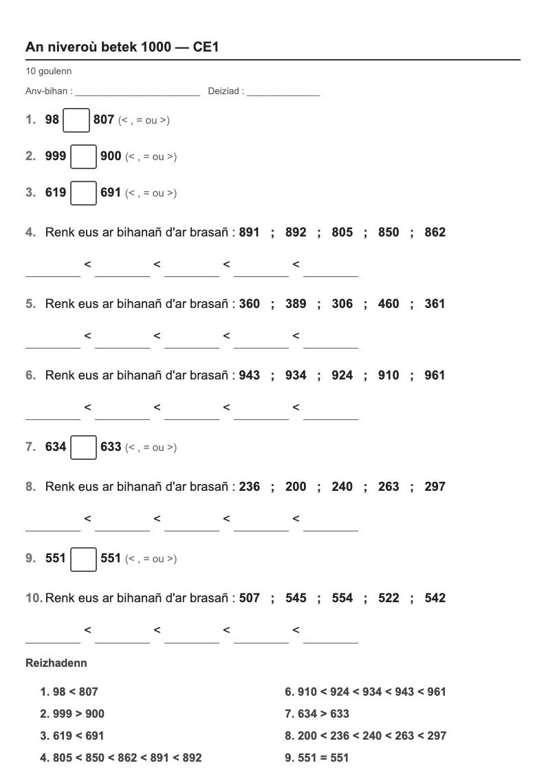 Les nombres — CE1 : comparer et ranger, fiches d'exercices à imprimer (consignes en breton)