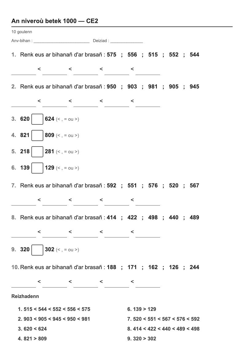 Les nombres — CE2 : comparer et ranger, fiches d'exercices à imprimer (consignes en breton)