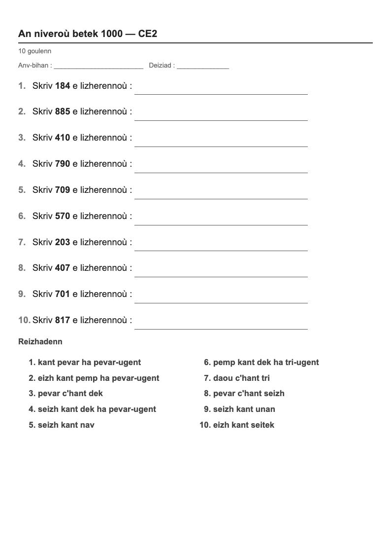 Les nombres — CE2 : écrire les nombres en lettres, fiches d'exercices à imprimer (consignes en breton)