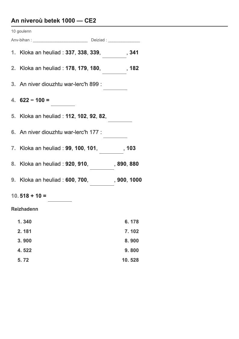 Les nombres — CE2 : les suites de nombres, fiches d'exercices à imprimer (consignes en breton)