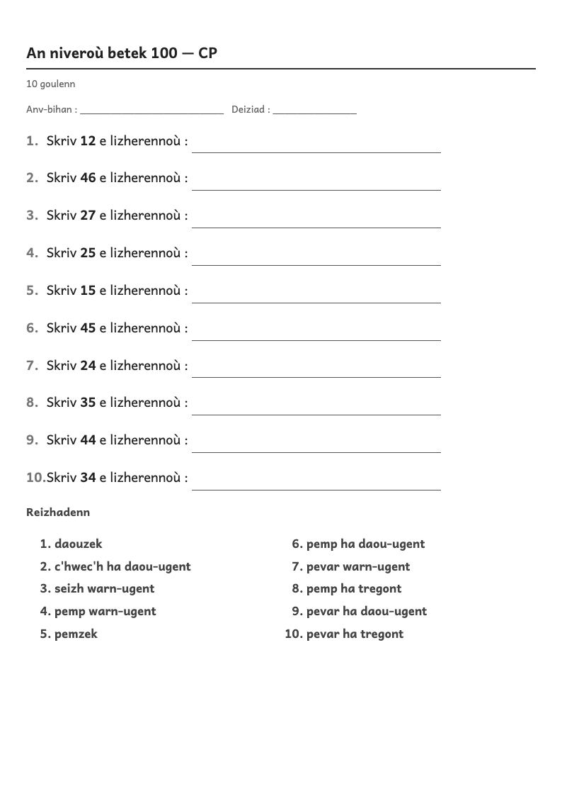 Les nombres — CP : écrire les nombres en lettres, fiches d'exercices à imprimer (consignes en breton)