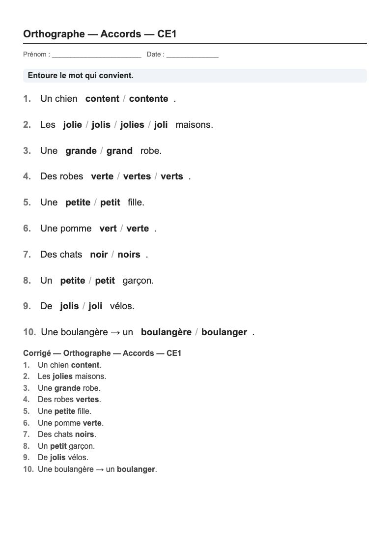 Orthographe — CE1 : fiches d'exercices à imprimer (consignes en breton)