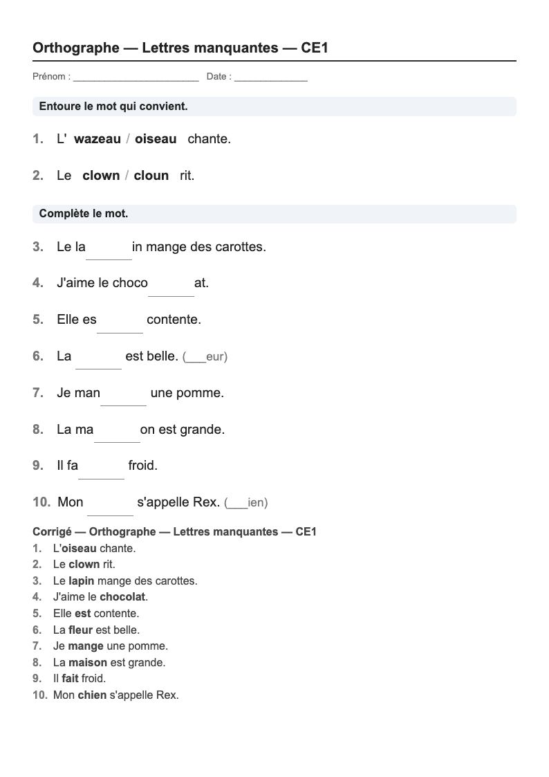 Orthographe — CE1 : les lettres manquantes, fiches d'exercices à imprimer (consignes en breton)
