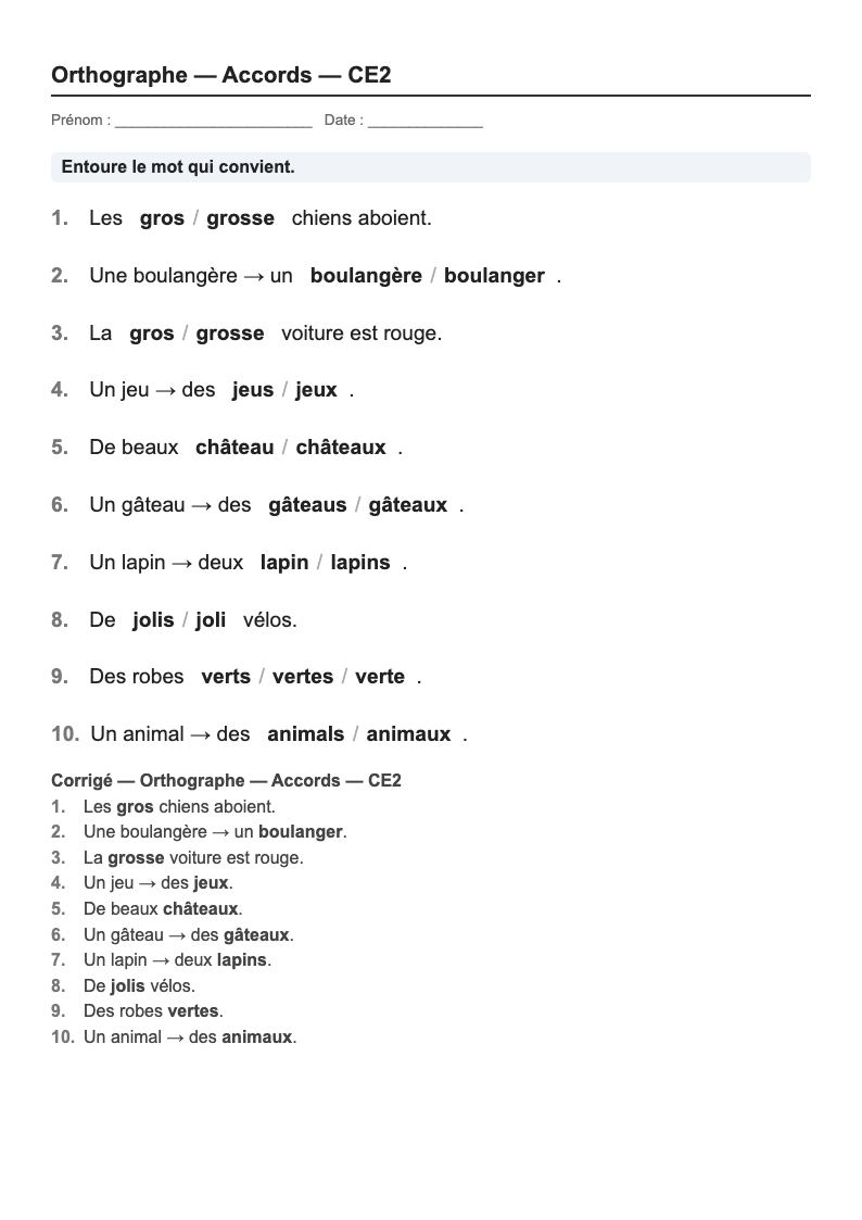 Orthographe — CE2 : fiches d'exercices à imprimer (consignes en breton)