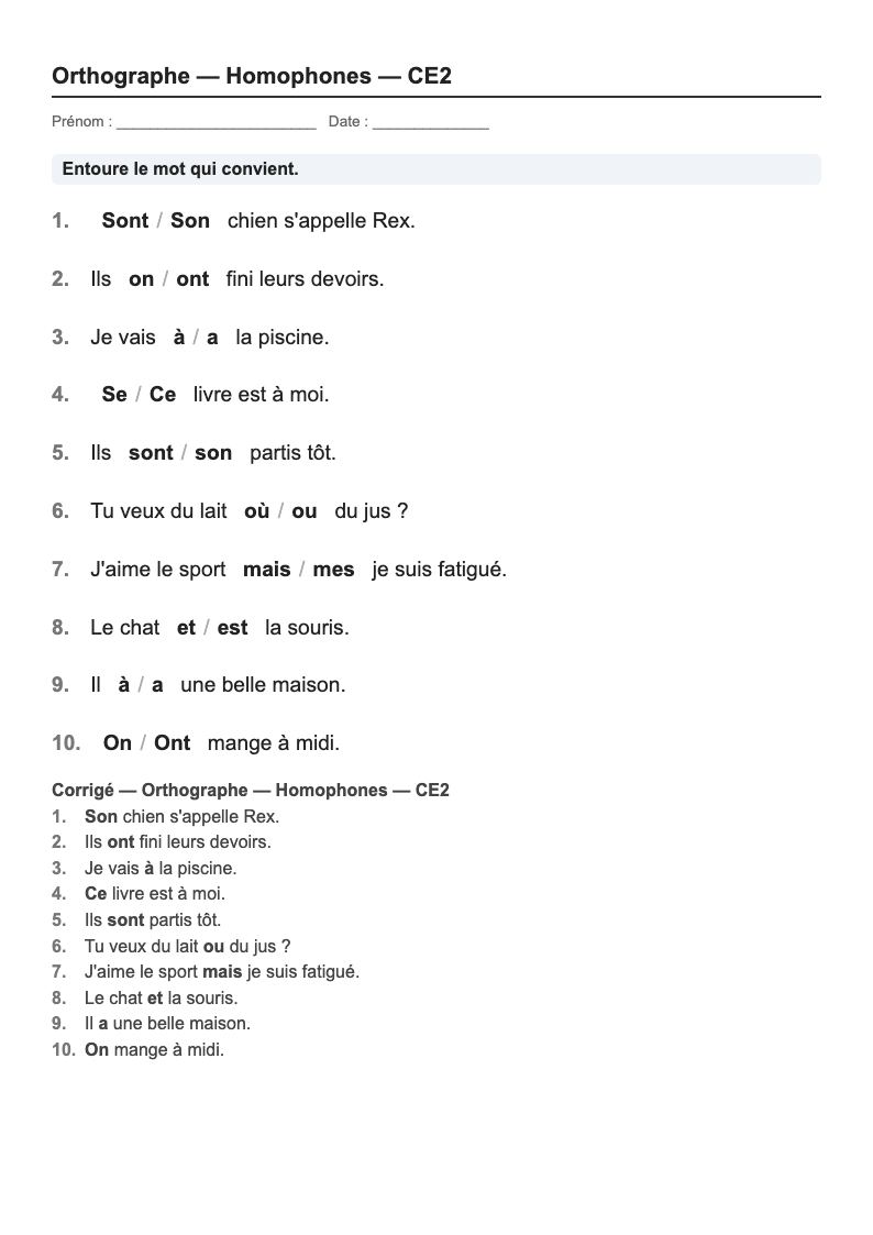 Orthographe — CE2 : les homophones (pour aller plus loin), fiches d'exercices à imprimer (consignes en breton)